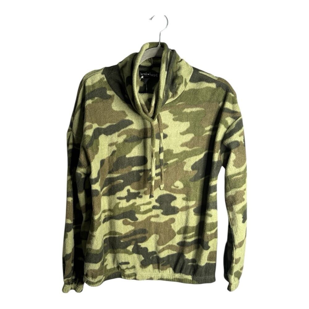 Derek Heart Green Camouflage Fleece Top Cowl Neck Elastic Waist Medium